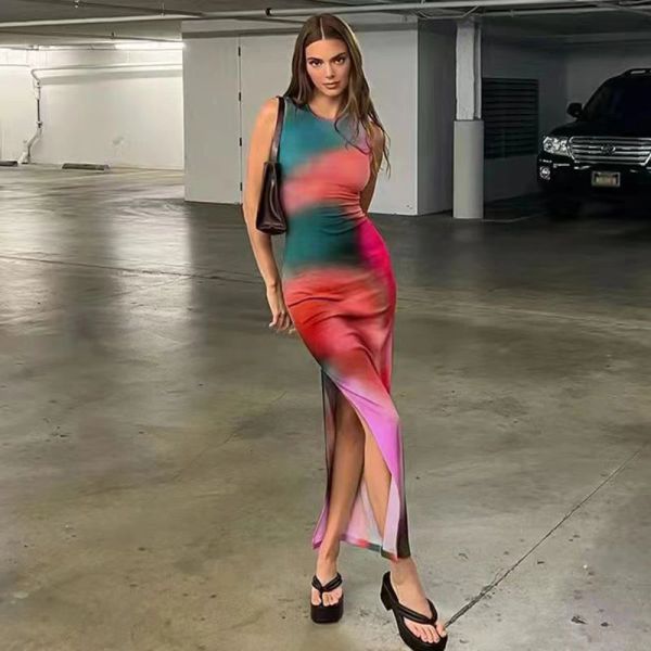 Kleid Y2k Kleid für Frauen Kendall Jenner gleichen Stil Sexy Maxi ärmellos Tie Dye Print langen Rock Split O-Ausschnitt Strand gerade Kleider