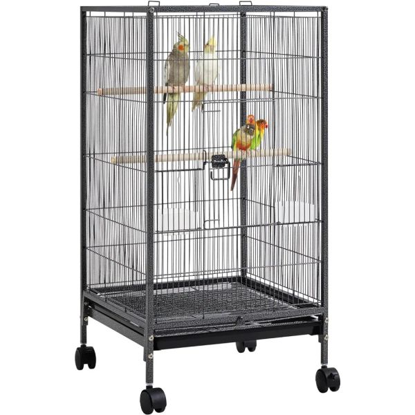 Nests Metall-Vogelkäfig, 132 cm, groß, rollbar, mit 3 Sitzstangen und 4 Futterspendern, Schwarz