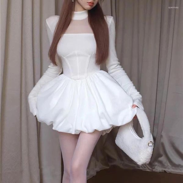 Casual Kleider Koreanische Mesh Splicing Feste Farbe Lange ärmeln Kleid Frauen 2024 Frühling Halb-hohe Neck Sexy Schlanke Plissee Party