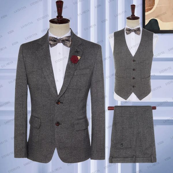 Suits 2023 Yeni Erkekler İnce Fit Resmi İş Takımları Koyu Gri Ekose Damat En İyi Düğün Elbise 3 PC Seti (Ceket+Yelek+Pantolon)