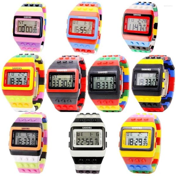 Armbanduhren 10 teile/los Frauen Herren Bausteine Regenbogen Digitale Elektronische Uhr Studenten SHHORS Alarm Sport Multifunktions Uhren Uhr