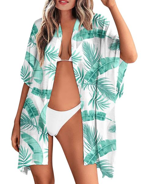 Damen bedruckter Strand-Boho-Strandbadeanzug mit Sonnenschutz, mehrfarbig bedrucktes Hemd, Sommer-Sommerkleid, Hemd, Freizeitkleidung