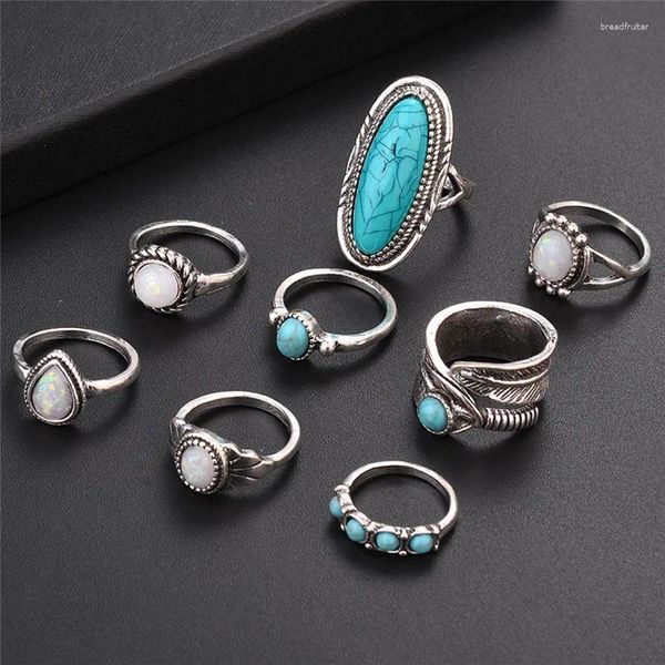 Anéis de cluster 8 pcs moda bohemia midi retro conjuntos para mulheres anel de junta bagues femmeantique prata cor opalas turquesas