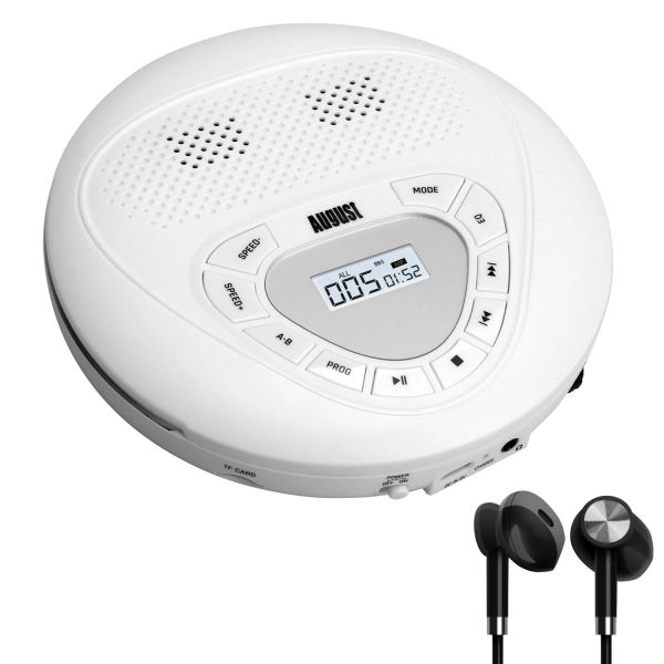 Leitor de CD portátil recarregável August SE10W com fones de ouvido USBC CD pessoal Walkman com proteção anti-salto, repetição, EQ, PROG