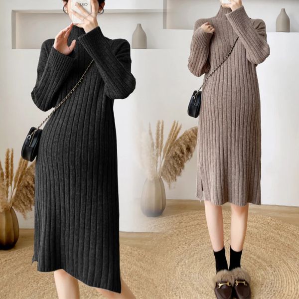 Elbiseler Sonbahar Kış Kışlı Sıcak Örme Hamile Uzun Elbise Hamile Kadınlar İçin Tatlı Giysiler Kış Pileli Gebelik Sweaters Elbise
