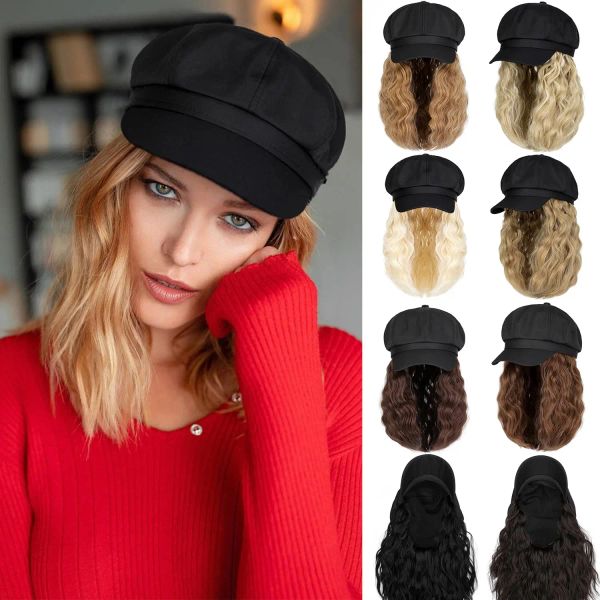 Snapbacks Shangzi Newsboy Cap/chapéu Peruca 10 Polegada Ondulado Encaracolado Perucas Sintéticas Chapéu de Beisebol Natural Perucas Chapéu Anexado Extensões de Cabelo Sintético