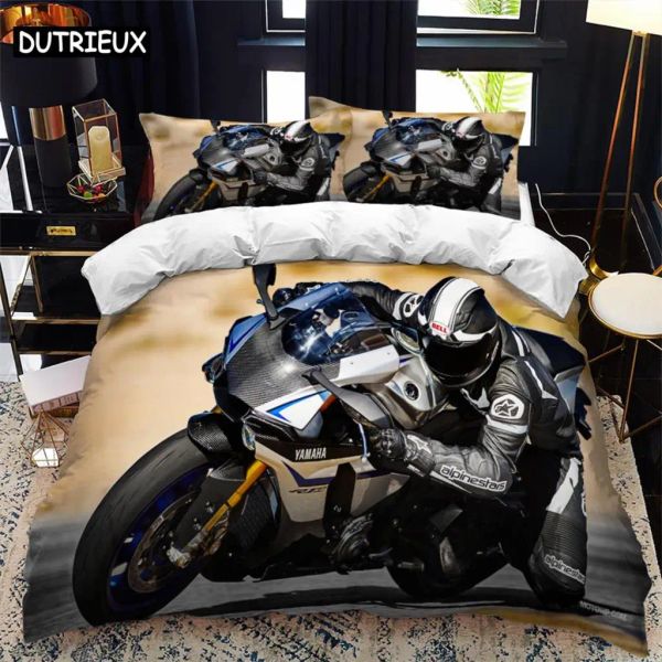 Set Motorradfahrerbett Bettdeckerdecke Queen Calico Zwillingsgröße Bettwäsche Set Single Complete Set Sheer Vorhänge