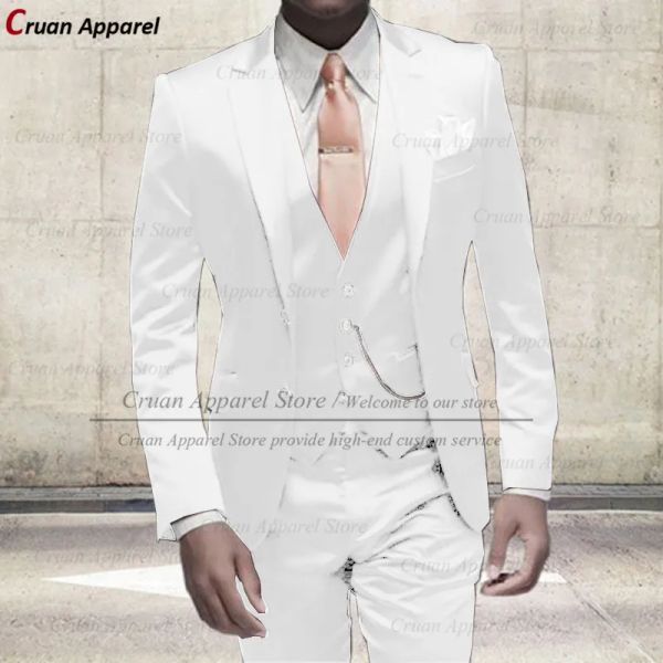 Anzüge Mode Elfenbein Weiß Anzüge Für Männer Slim Fit Abschlussball Party Hochzeit Bräutigam Glänzender Satin Anzug Kleid Smoking Blazer Weste Hosen Set 3 Stück