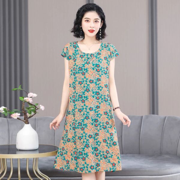 Kleider Vintage Sommerkleid Baumwolle Koreanische Mode 2023 Neue Frauen Kleid für Mutter Kurzarm Oneck Casual Everyday Kleid elegant