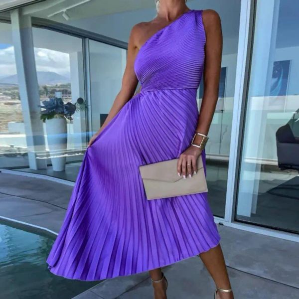 Abito elegante con volant viola a pieghe colletto diagonale Abiti maxi per le donne Abito irregolare senza maniche senza schienale Abiti da sera da donna