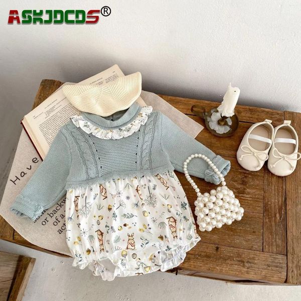 Abiti da ragazza Moda lavorati a maglia patchwork stampa cartone animato manica lunga sorella outfit tute abito per bambini neonate nell'autunno 2024