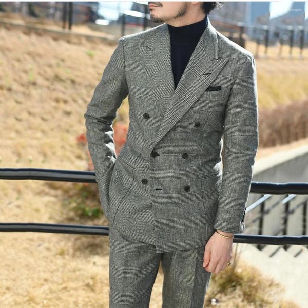 Abiti da uomo Moda Abito scozzese grigio per uomo Doppio petto Giacca da lavoro formale Giacca da sposo smoking 2 pezzi Pantaloni giacca Terno Masculino