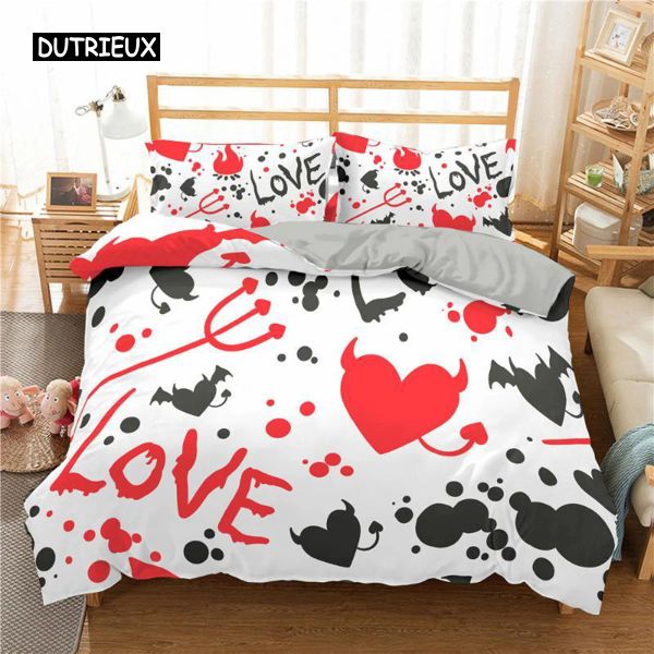 Set Love Heart Duvet Cover SET King size Black Red Heart Spot Twin Quilt Cover Arrow of Love Polyester Set per adolescenti Coppie a velo tende