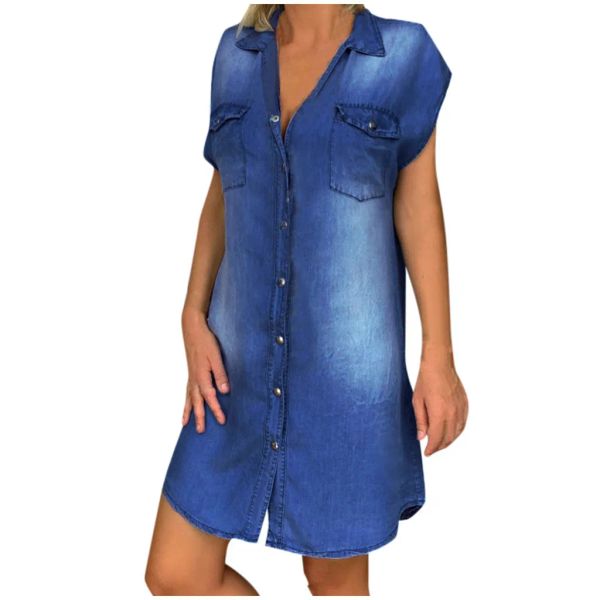 Vestido feminino de verão, gola virada para baixo, camisa jeans, vestido feminino, manga curta, bolsos, vestido jeans solto