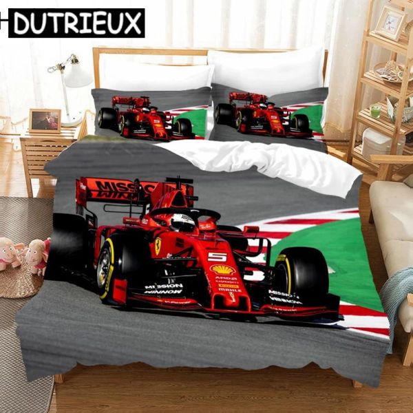 Set Red Racing Car 3D Kids Boy Bettwäsche Set F1 Game Racer Drucken Bettdecke 2/3PCS -Bettwäsche mit Kissenbezug Twin Full Betspread Sheer Vorhänge