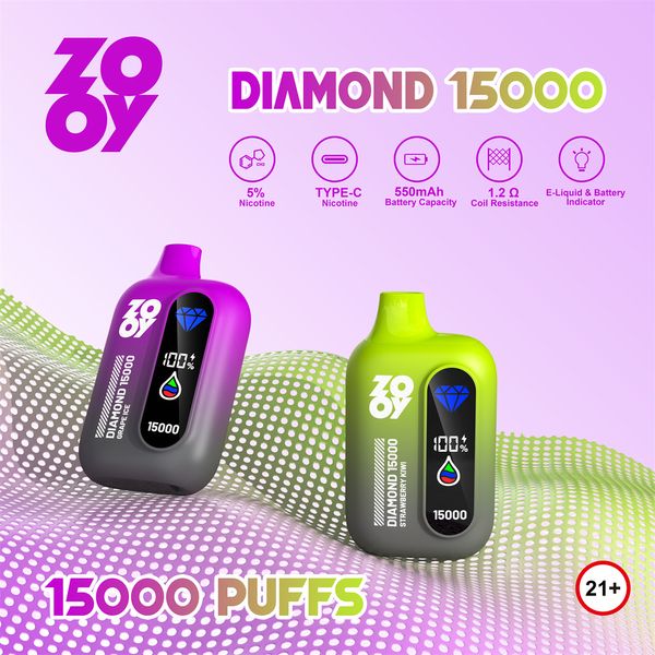 Оригинальная электронная сигарета ZOOY Diamond Puff 15k, одноразовая сигарета для вейпа, сетчатая катушка, 24 мл, профилированные тележки, 550 мАч, затяжки, вейпы со светодиодной лампой, электронная сигарета