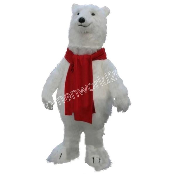 2024 Halloween Super carino orso polare con sciarpa rossa costume della mascotte vestito operato di carnevale tema del fumetto vestito operato vestito operato per uomo donna