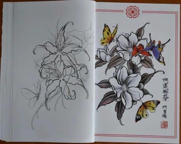 Estêncil livro de tatuagem borboleta amor flor tatuagem flores lindas livros de tatuagem rosa tatuagens livro peônia padrão bordado estêncil