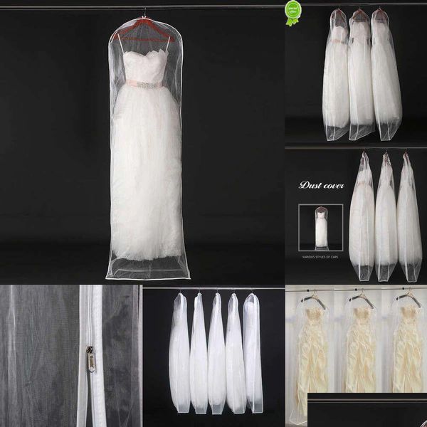 Aufbewahrungstaschen Neue Aufbewahrungstaschen Doppelseitige transparente TLE/Voile-Hochzeits-Brautkleid-Staubbeutel mit seitlichem Reißverschluss für Zuhause-Garderobe-Kleid Dh3Xr