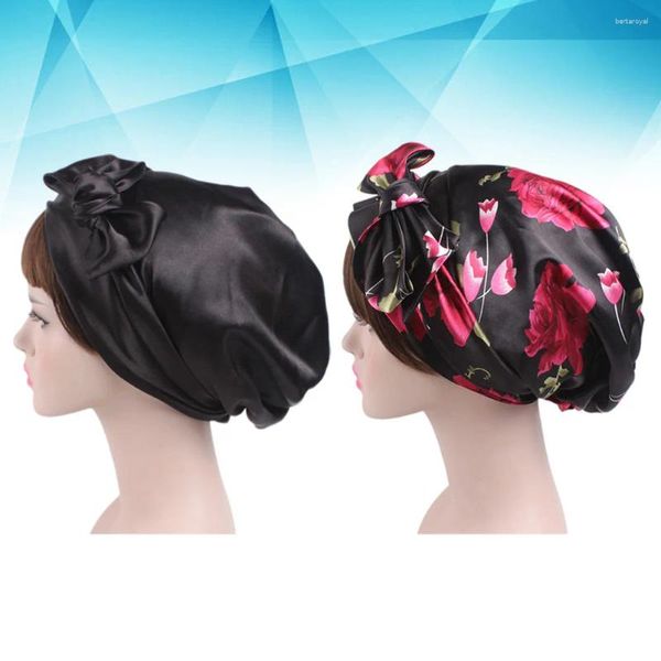 Berets 2 Pcs As Flores Miss Curly Hair Toppers Mulheres Silk Bonnet Sleep Cap Quimioterapia