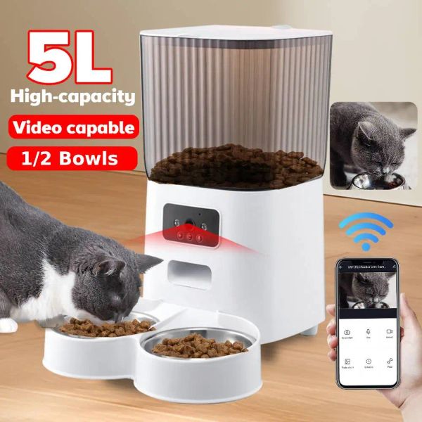 Forniture Alimentatore automatico per gatti da 5 litri WiFi con fotocamera HD Distributore di cibo per animali interattivo intelligente Timer Ciotola in acciaio inossidabile Alimentatore automatico per cani