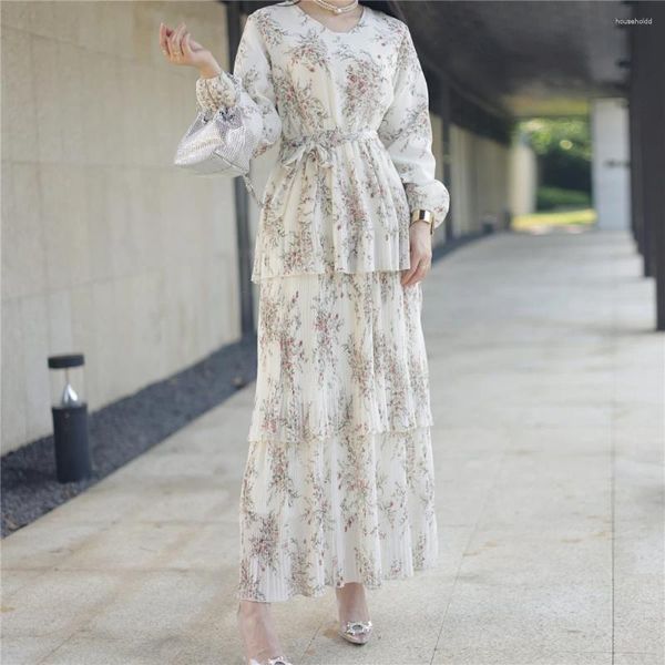 Ethnische Kleidung Sommer Blumendruck Plissee Schicht Rüschen Langes Kleid Chiffon Muslimische Frauen Abaya Hijabi Modest Robe Ramadan Eid Islam Kaftan