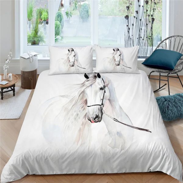 Sets Luxus 3D Weißes Pferd gedruckt 2/3pcs Bettwäsche Set Tiermuster Duvet Cover Kissenbezug Home Textile Queen und König EU/US/AU Größe