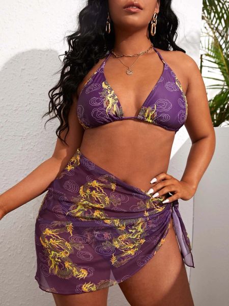 Roupa de banho 2022 novo plus size conjuntos de biquíni sexy push up banho três peças barriga capa fatos de banho halter laço nó na parte traseira roxo