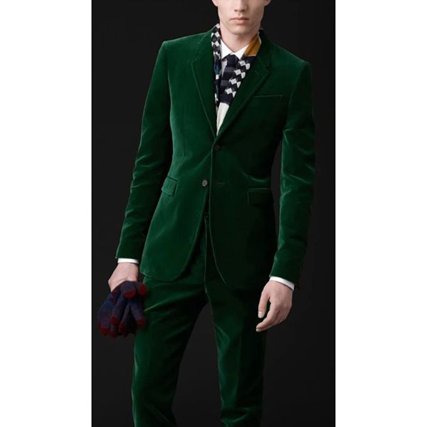 Ternos sob medida de veludo verde escuro masculino ternos fino ajuste formal 2 peça blazer noivo vestido de baile smoking masculino casaco jaqueta + calças masculino