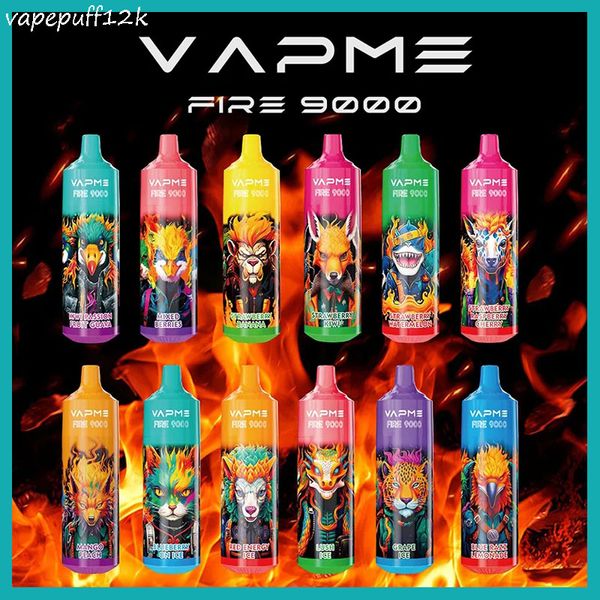 VAPME FIRE 9000 Puffs Одноразовая ручка для вейпа с сетчатой катушкой Перезаряжаемые электронные сигареты Аккумулятор 850 мАч Предварительно заполненные капсулы емкостью 15 мл Тележки 0% 2% 3% 5%