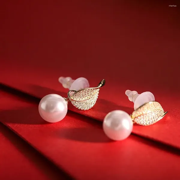 Dangle Brincos Real S925 Sterling Silver Stud Mulheres Lucky Pearl Ball Leaf