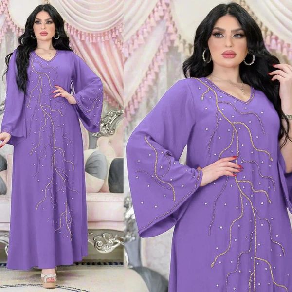 Roupas étnicas Roxo Abaya Diamantes Impresso Vestido Muçulmano Mulheres Longo Robe Eid Ramadan Solto Kaftan Islâmico Árabe Moda V-Pescoço Jalabiya