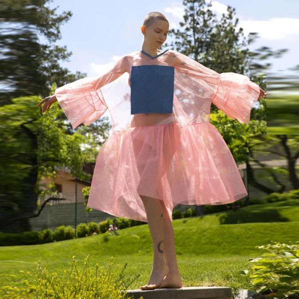 Rock Transparent Rosa Schleier Kleid Durchsichtig Tüll Schlank Langarm Avantgarde Frauen Futuristische Kleider 2020