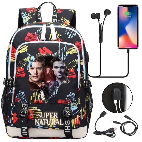 Rucksack Supernatural Rucksack Teenager USB Lade Laptop Rucksack Damen Herren Rucksack Kinder Büchertasche Mochila Reisetasche