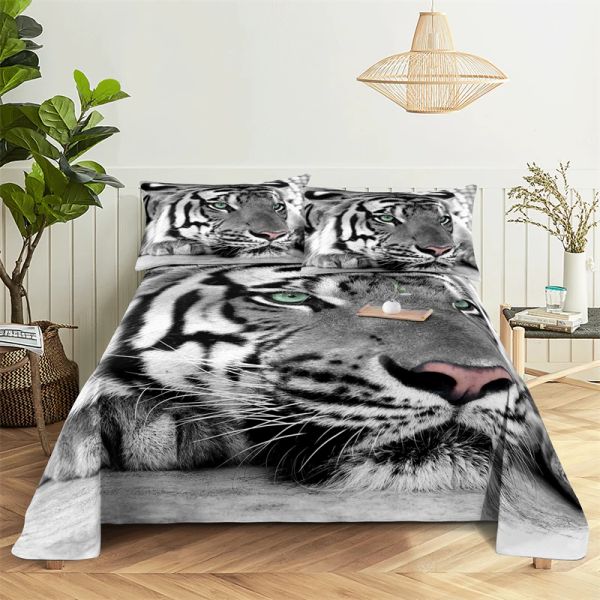 Conjunto de cama tigre, animal, 0.9/1.2/1.5/1.8/2.0m, impressão digital, poliéster, lençol plano com fronha, conjunto de cama