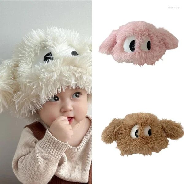 Berretti Occhi 3D Cappello per bambino Inverno Peluche Beanie Cartoon Orecchio Berretto con teschio Cosplay Party 1-3 Anni Bambini Furry Secchio