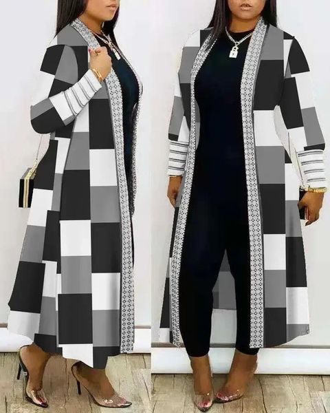 Plus size mármore impressão frente aberta longline casaco outono feminino longo cardigan elegante splice listrado solto magro ponchos capas 240219