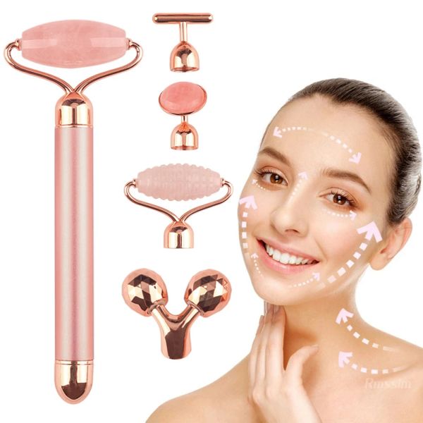 Rolo 5 em 1 24k ouro barra de beleza massageador facial elétrico vibratório quartzo rosa rolo 3d levantamento facial corpo facial gua sha rolo de jade