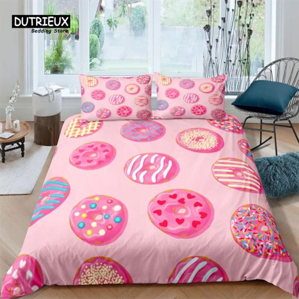 Set di ciambelle rosa 3D di lusso Stampa casa vivente comoda copripiumino set cuscino per letti per bambini set regina e re eu/us/au/uk size tende