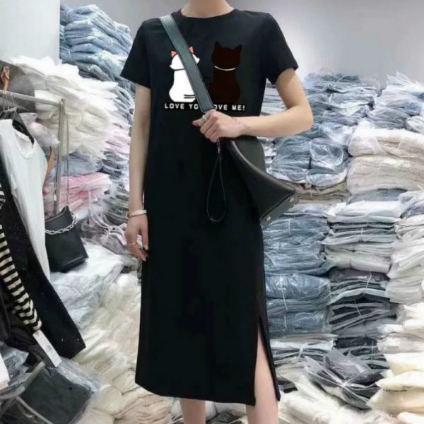 Kleid Sommer Katzen Grafiken Kleid Frauen Kawaii Tshirtdress Kurzarm Casual Bodenbildung Midi Kleider Einfache Koreanische Kleidung Nachthemd