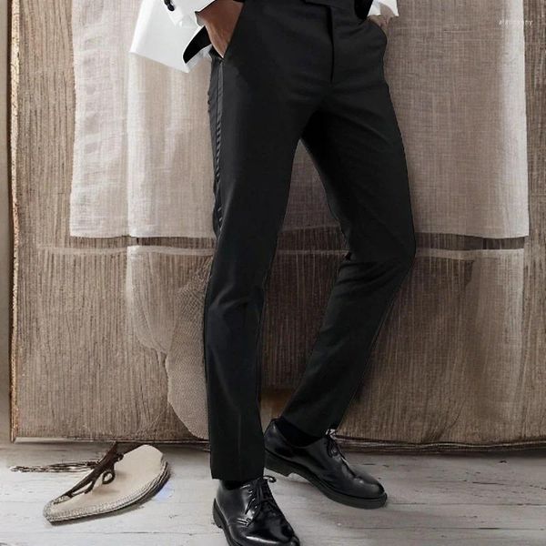 Ternos masculinos terno preto calças com listra de cetim lateral fino ajuste formal cavalheiros calças para casamento e noite wear 2024 em estoque