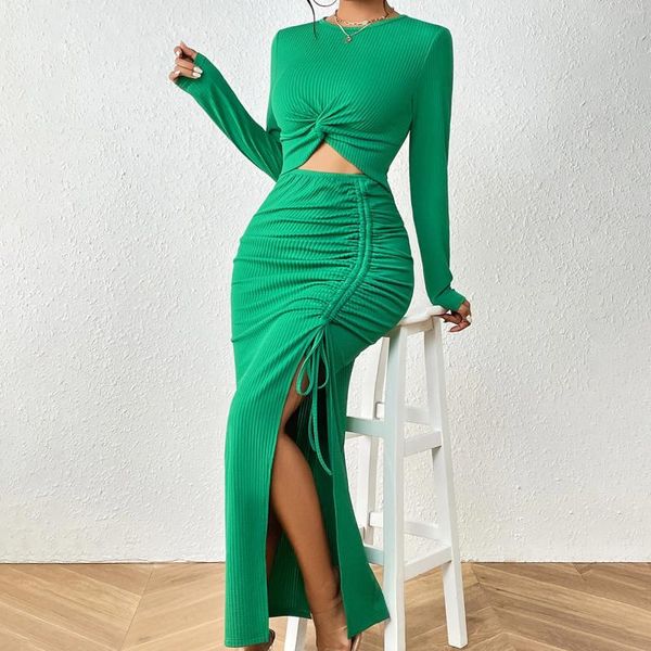 Vestidos casuais sexy oco para fora torção bodycon vestido para mulheres outono mangas compridas o-pescoço fino ajuste festa de casamento vestido de natal vestidos