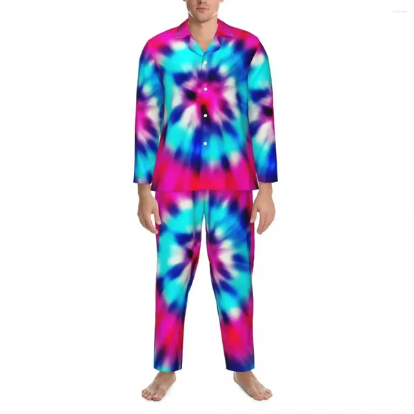 Pigiama da uomo Tie Dye Pigiama Set Colore autunnale Stampa turbinio Casa di moda Uomo 2 pezzi Indumenti da notte dal design oversize vintage