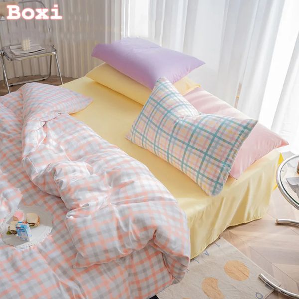 Conjunto Kawaii Girls Solid Color Bedding Conjunto de lençóis de linho de linho de algodão lavado com lençóis lençóis de lençóis de algodão.