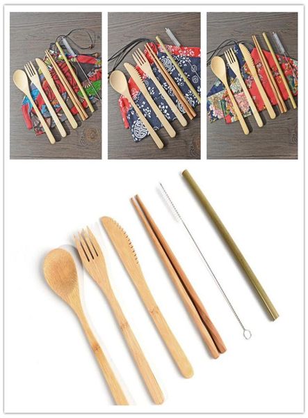 7pcsset bambu çatal bıçak takımı taşınabilir sofra takımı seti bıçak çatal kaşık saman çubukları öğrenci sofra seti seyahat yemek seti set4765892