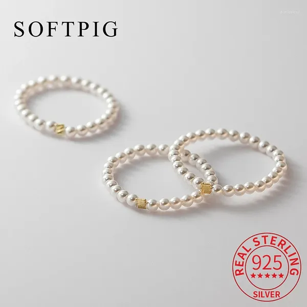 Cluster Anéis Softpig Real 925 Sterling Silver Pearl Square Anel Ajustável para Mulheres Clássico Fine Jewelry Acessórios Minimalistas