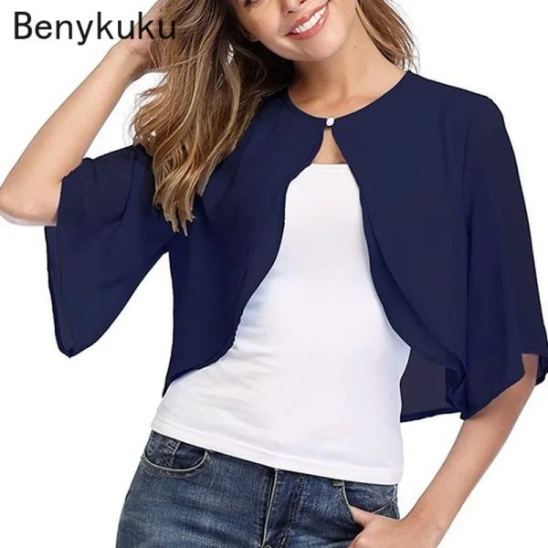 Jaquetas verão sólido chiffon camisas capas mulheres meia manga encolher frente aberta bolero tops cardigan elegante roupas femininas preto branco vermelho