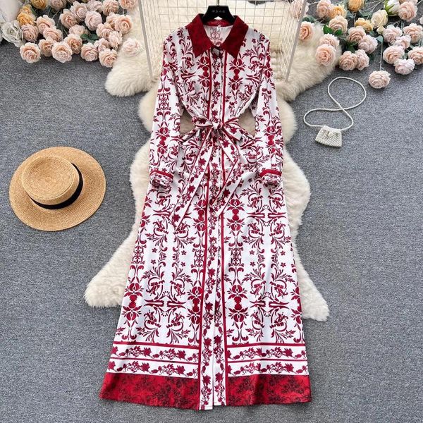 Lässige Kleider Mode Vintage Hemd Langes Kleid Frauen Einreiher Ärmel Rote Blume Druck Gürtel Spitze Up Maxi Robe Vestidos 6032