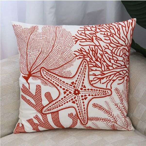 Cushion Beach Sea Starfish Foglie di corallo Foglie ricamato Cover cuscinetto Cuscinetto Custodia in cotone casual divano camera da letto DecrO 45x45cm