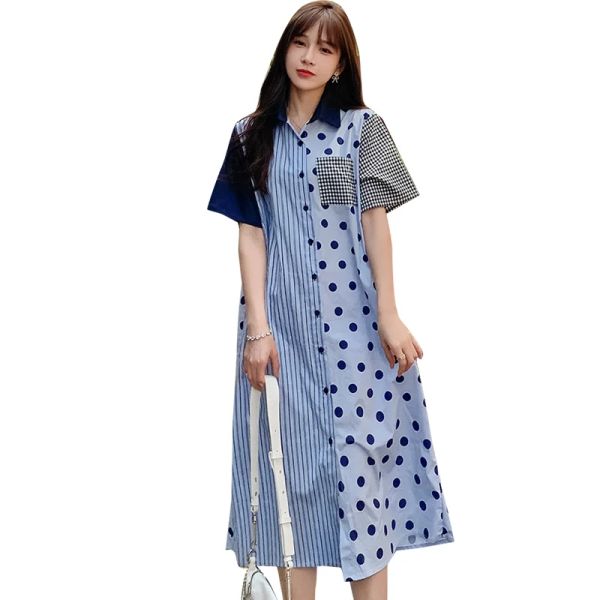 Abiti stile preppy Abito da allattamento per donna incinte Abito vintage a pois patchwork a righe Abito da allattamento monopetto Alimentazione premaman